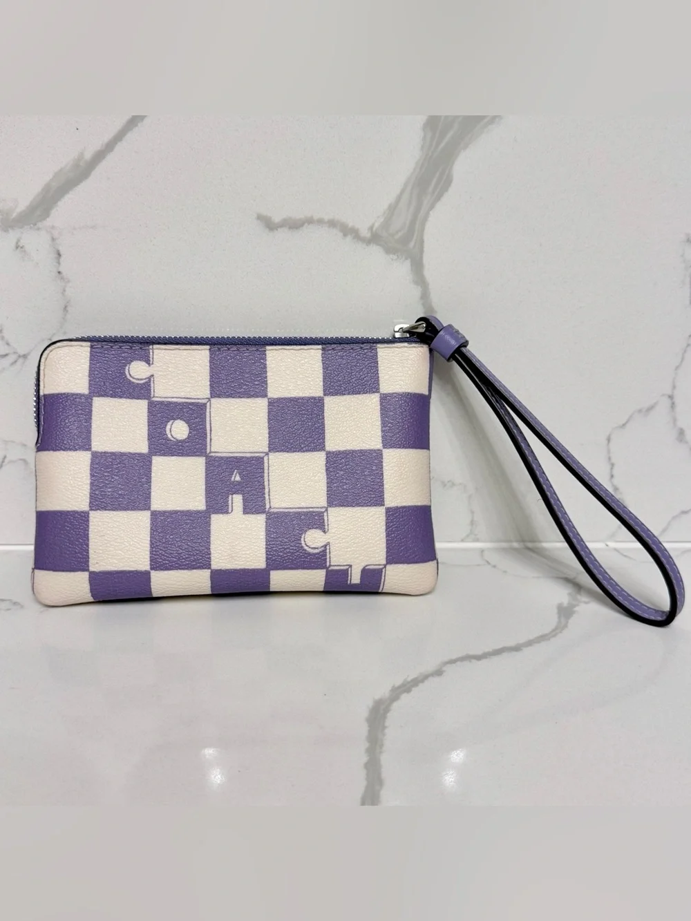 Coach Corner Zip Wristlet in Checkerboard Print Light Violet Chalk CR813